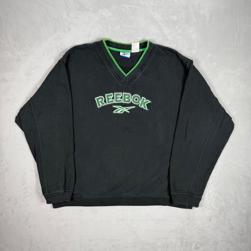 90s Mens Reebok Embroidered Spellout V-Neck Sweatshirt Streetwear XL